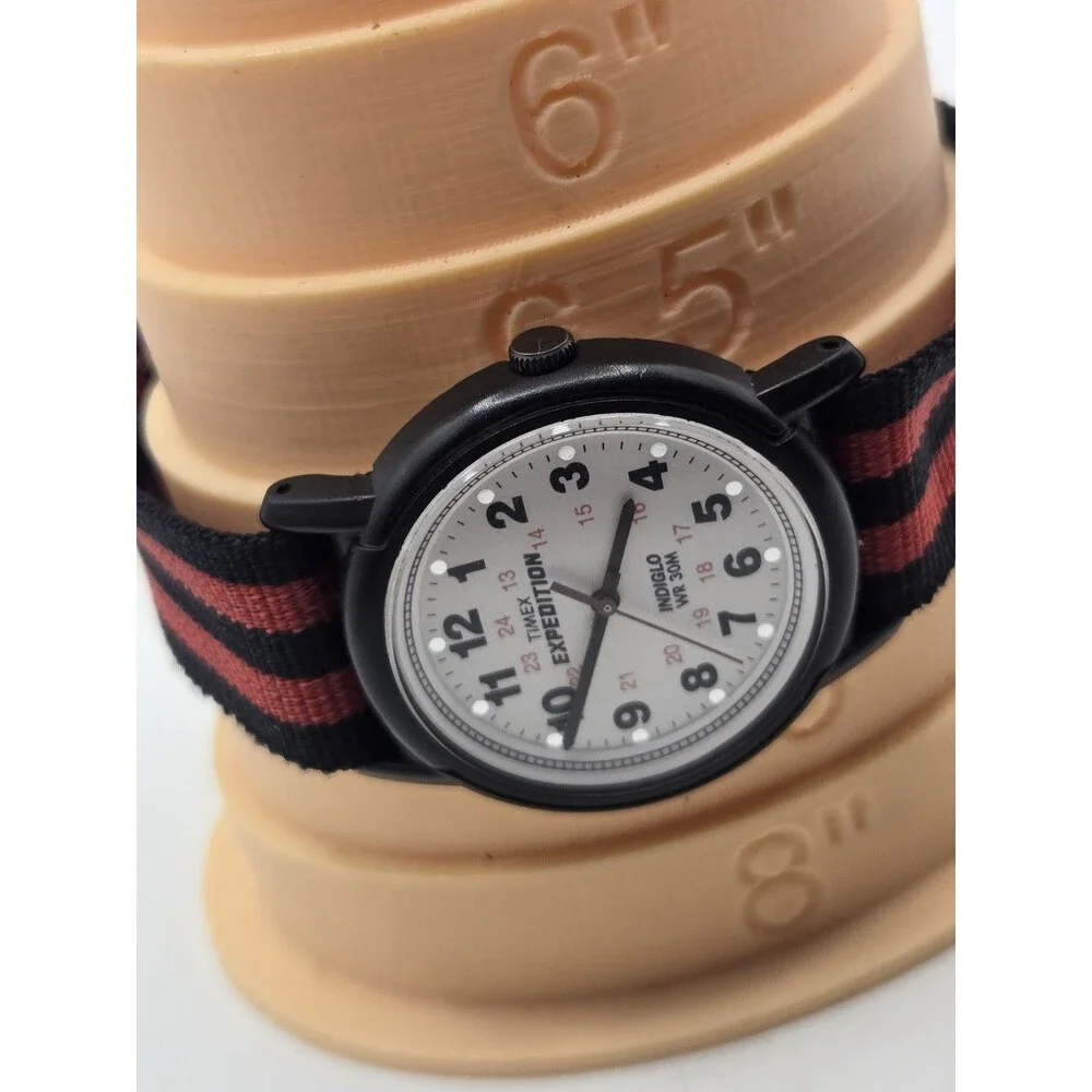 Timex Expedition Camper Indiglo 33mm Watch White Dial. Red-Black NATO strap.